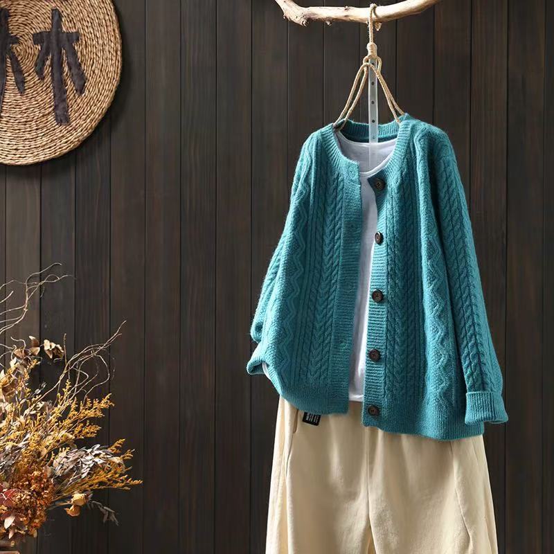 Marcella | Womens Chunky Cable Knit Wool Blend Cardigan Sweater, Peacock Blue