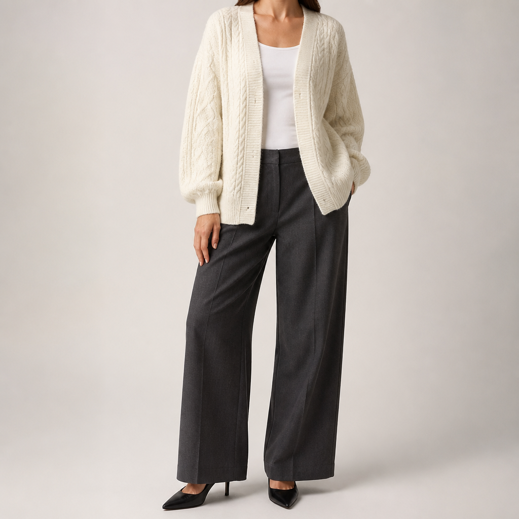 Marcella | Womens Chunky Cable Knit Wool Blend Cardigan Sweater, Cream White