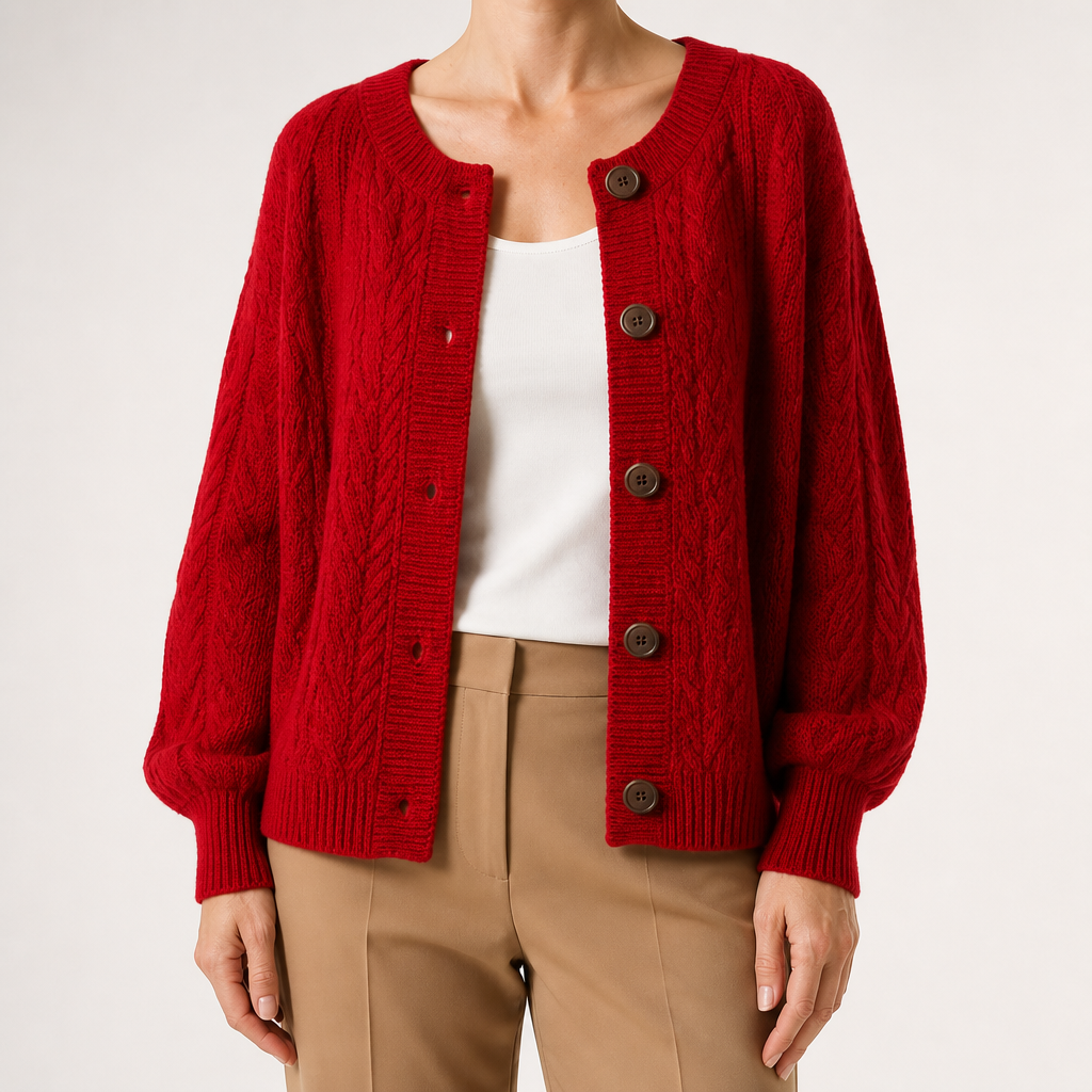 Marcella | Womens Chunky Cable Knit Wool Blend Cardigan Sweater, Red