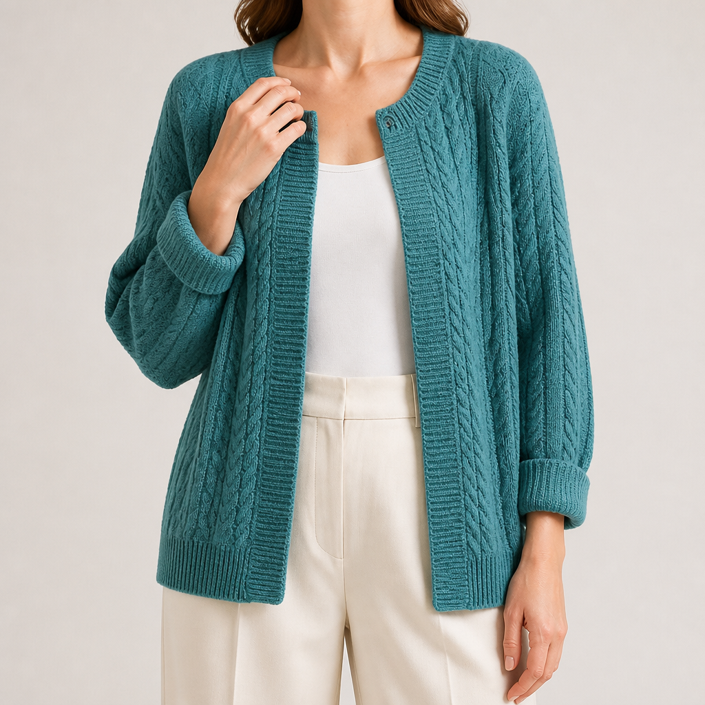 Marcella | Womens Chunky Cable Knit Wool Blend Cardigan Sweater, Peacock Blue