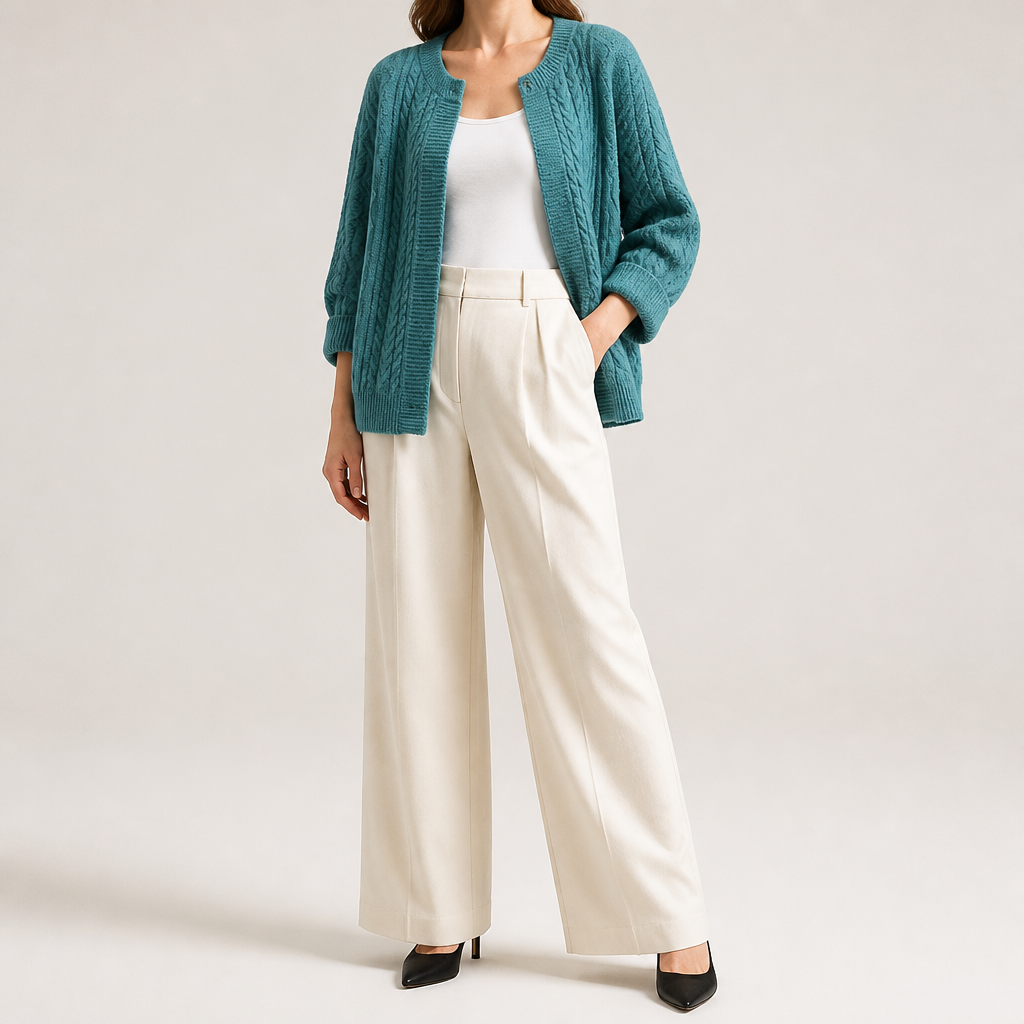 Marcella | Womens Chunky Cable Knit Wool Blend Cardigan Sweater, Peacock Blue