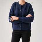 Marcella | Womens Chunky Cable Knit Wool Blend Cardigan Sweater, Navy Blue