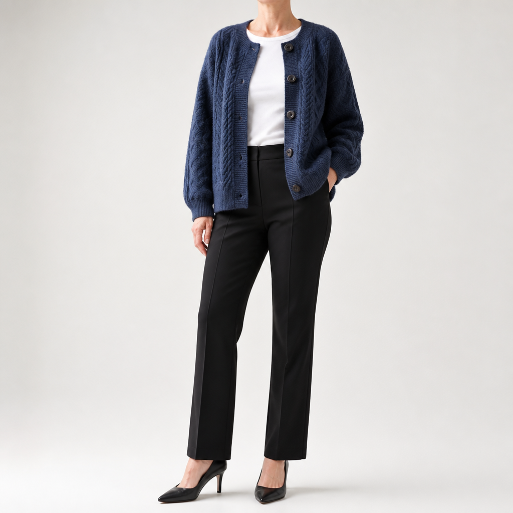 Marcella | Womens Chunky Cable Knit Wool Blend Cardigan Sweater, Navy Blue