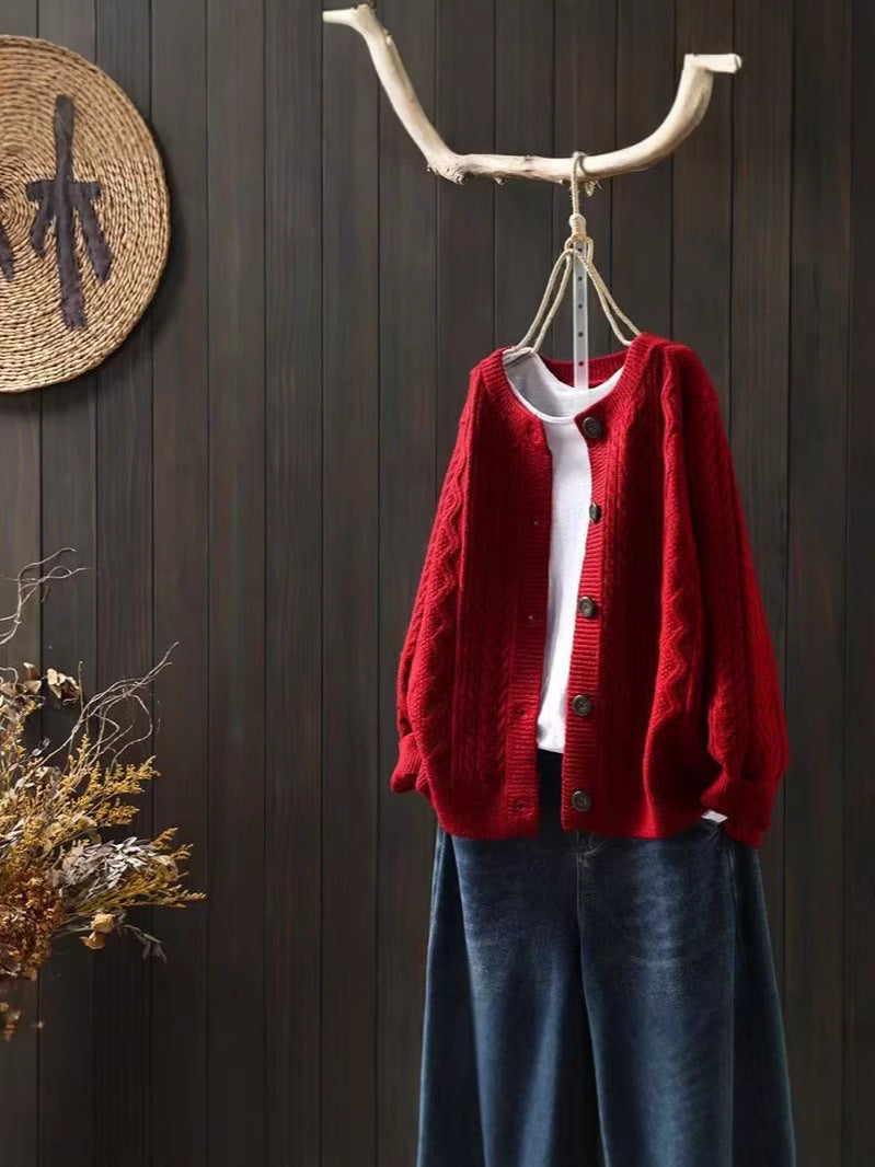 Marcella | Womens Chunky Cable Knit Wool Blend Cardigan Sweater, Red
