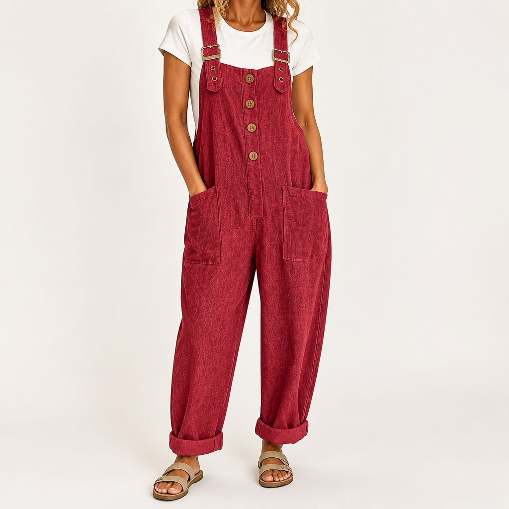 Marcy | Womens Cotton Linen High Waisted Adjustable Strap Overalls Jumpsuit, Red