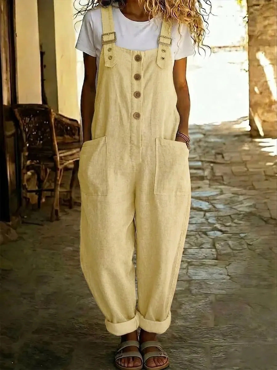 Marcy | Womens Cotton Linen High Waisted Adjustable Strap Overalls Jumpsuit
