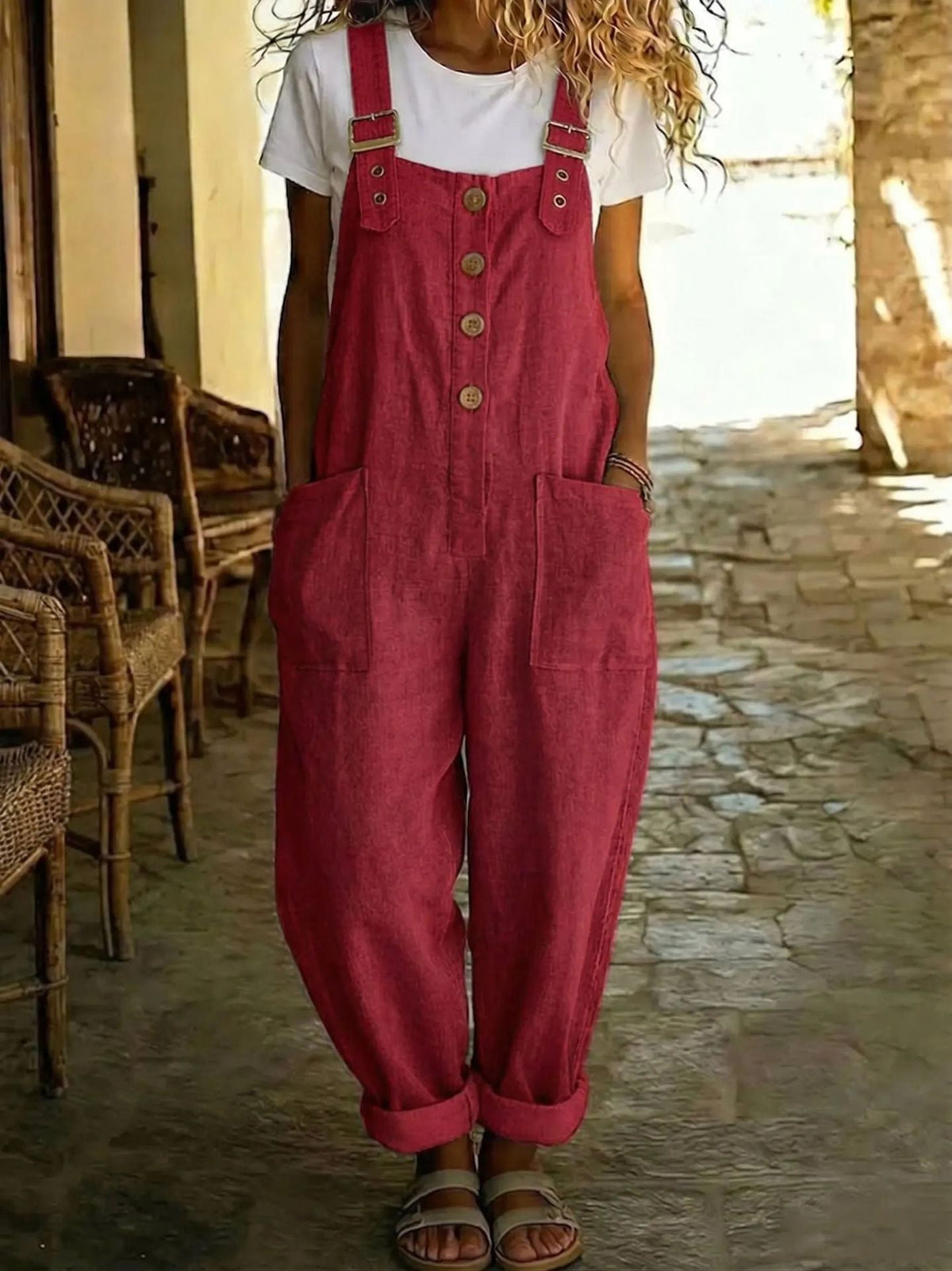 Marcy | Womens Cotton Linen High Waisted Adjustable Strap Overalls Jumpsuit