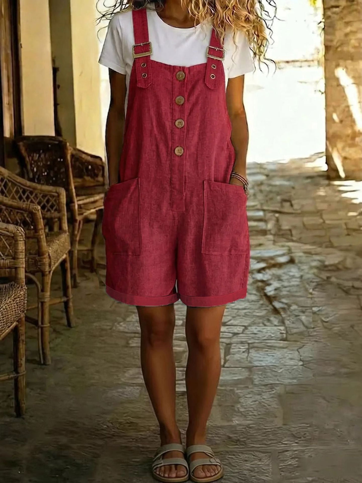 Marcy | Womens Cotton Linen High Waisted Adjustable Strap Overalls Jumpsuit