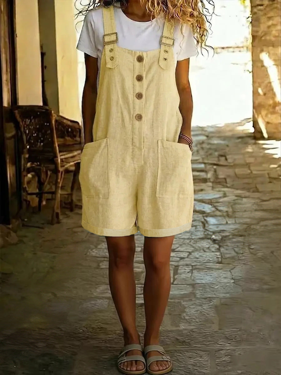 Marcy | Womens Cotton Linen High Waisted Adjustable Strap Overalls Jumpsuit