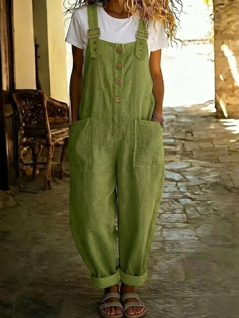 Marcy | Womens Cotton Linen High Waisted Adjustable Strap Overalls Jumpsuit