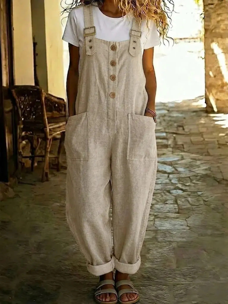 Marcy | Womens Cotton Linen High Waisted Adjustable Strap Overalls Jumpsuit