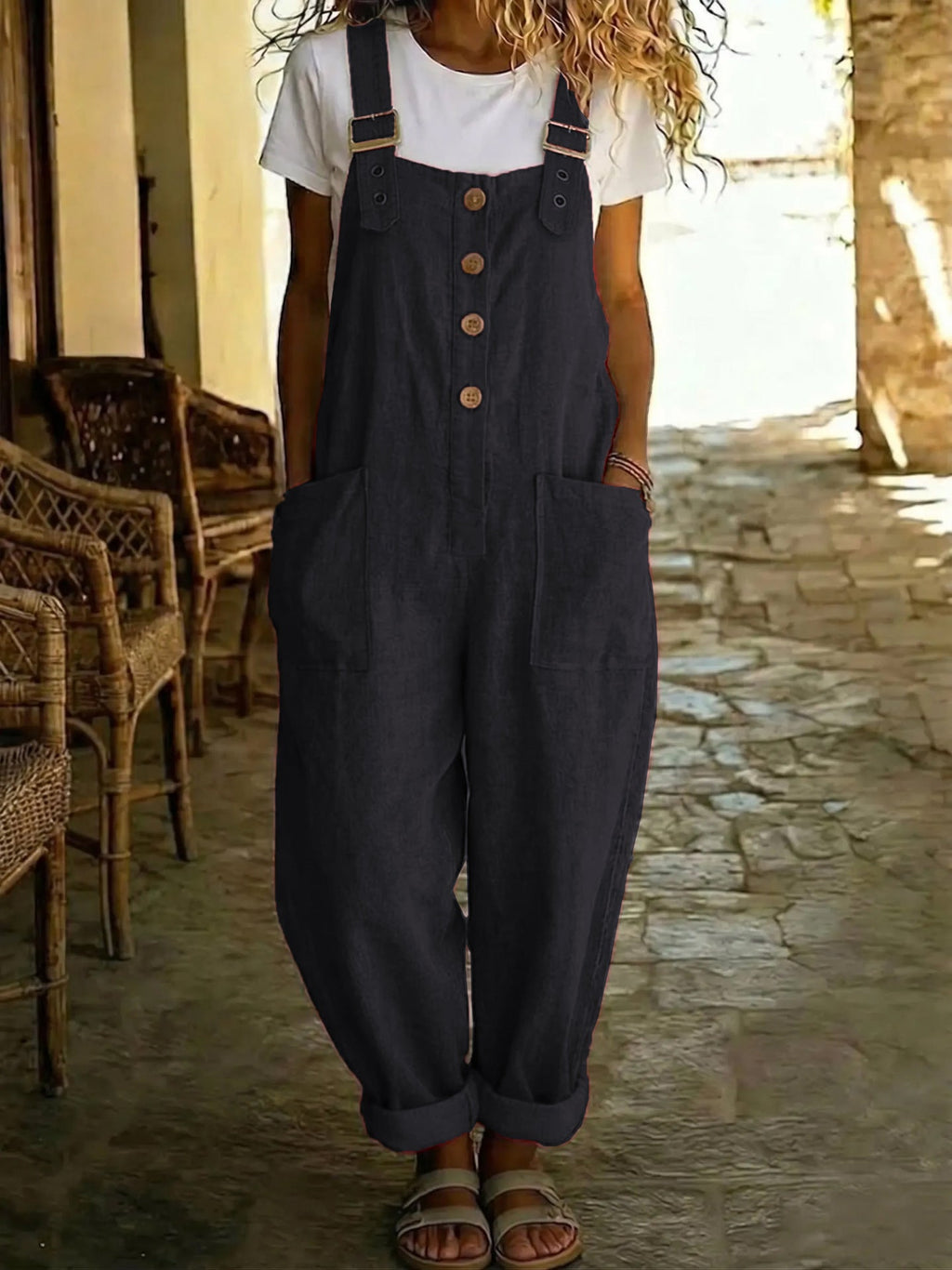 Marcy | Womens Cotton Linen High Waisted Adjustable Strap Overalls Jumpsuit