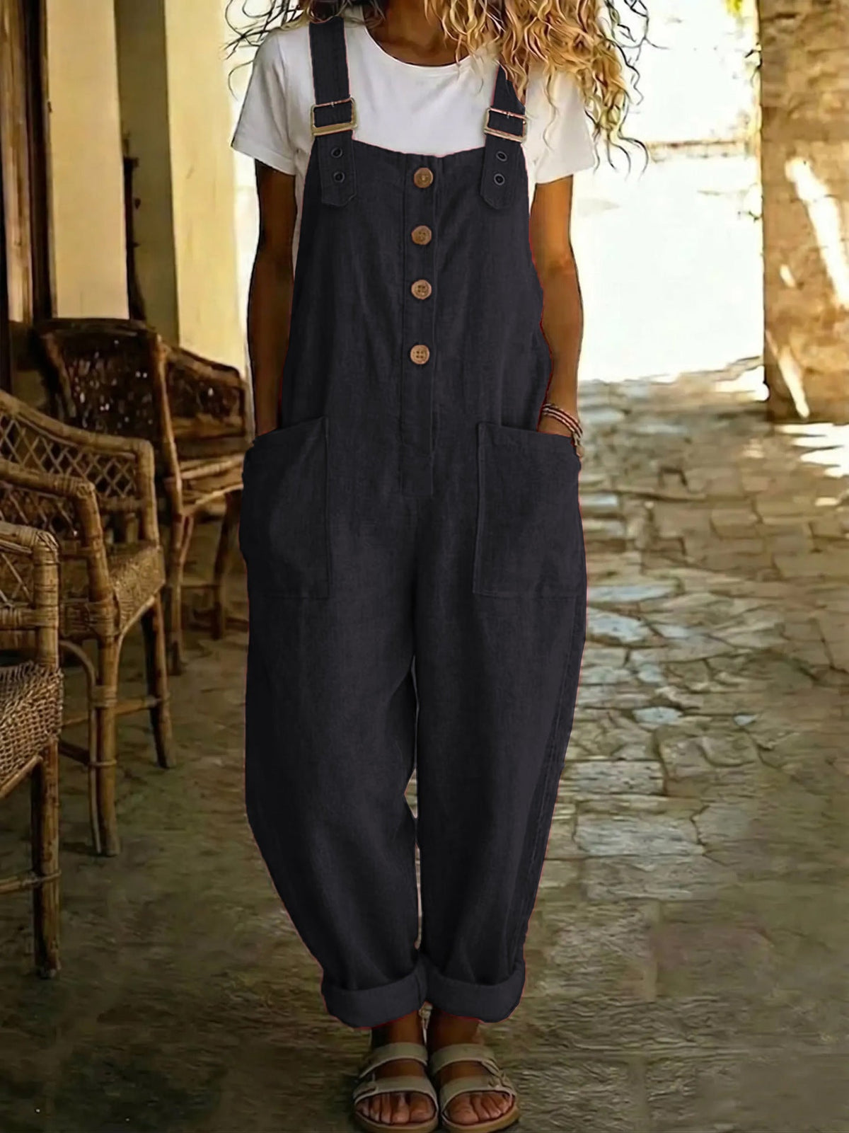 Marcy | Womens Cotton Linen High Waisted Adjustable Strap Overalls Jumpsuit