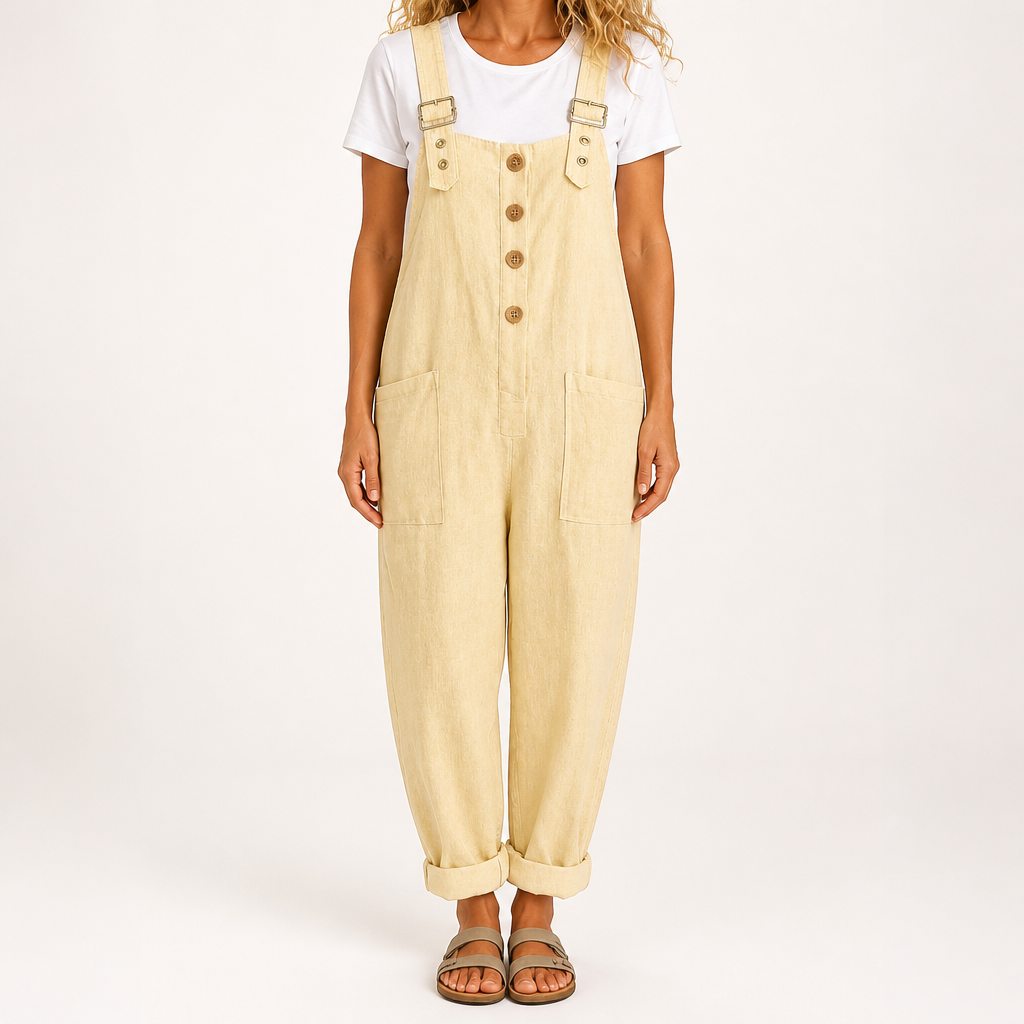 Marcy | Womens Cotton Linen High Waisted Adjustable Strap Overalls Jumpsuit, Light Yellow