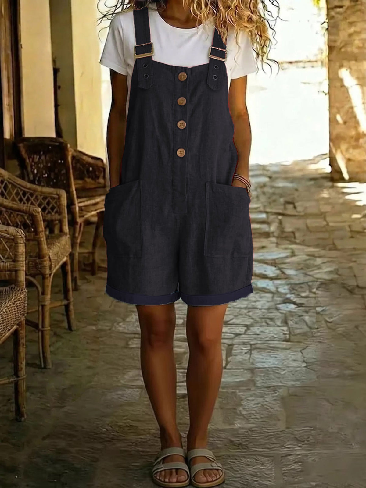 Marcy | Womens Cotton Linen High Waisted Adjustable Strap Overalls Jumpsuit