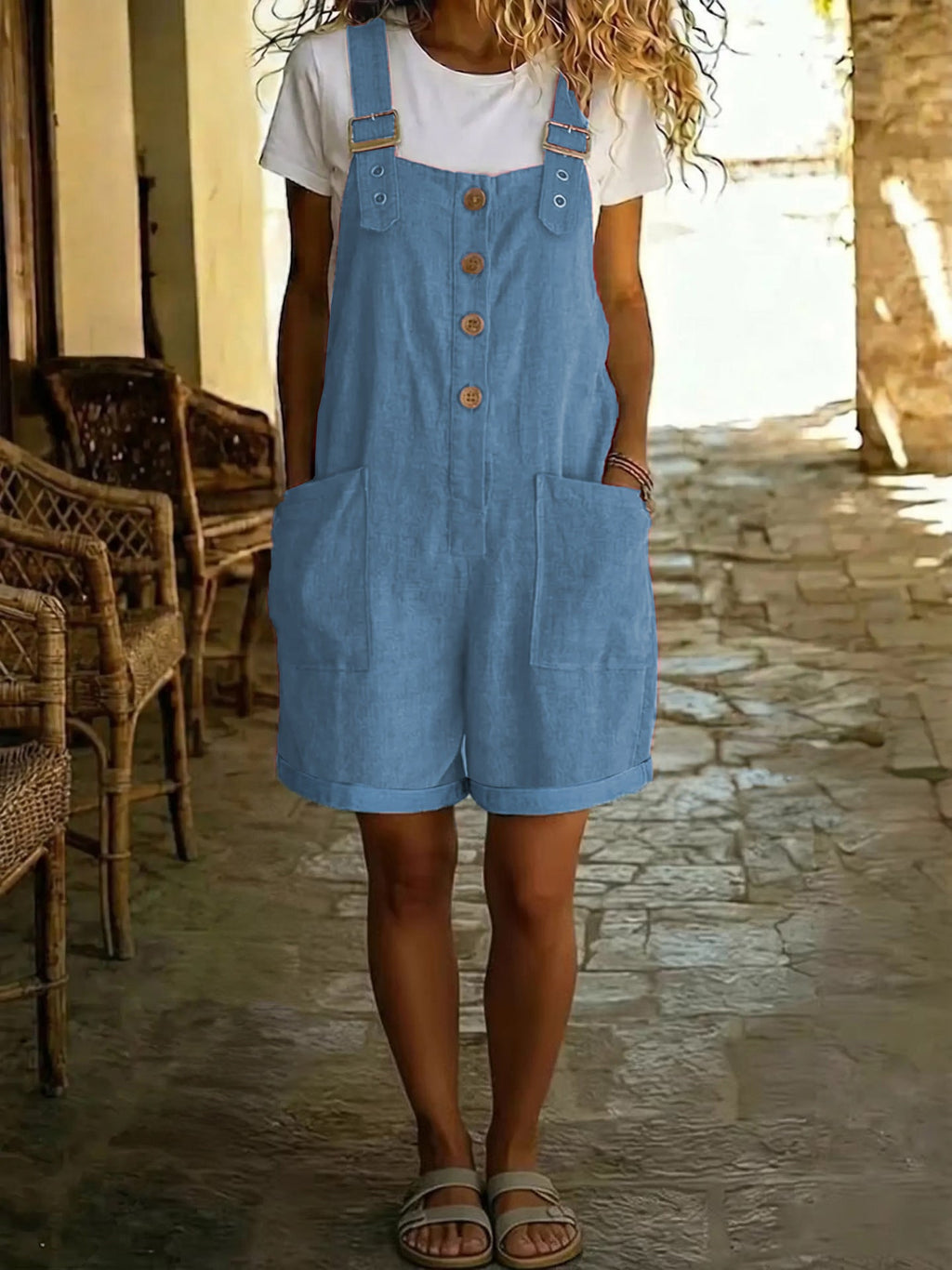 Marcy | Womens Cotton Linen High Waisted Adjustable Strap Overalls Jumpsuit