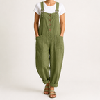 Marcy | Womens Cotton Linen High Waisted Adjustable Strap Overalls Jumpsuit, Army Green