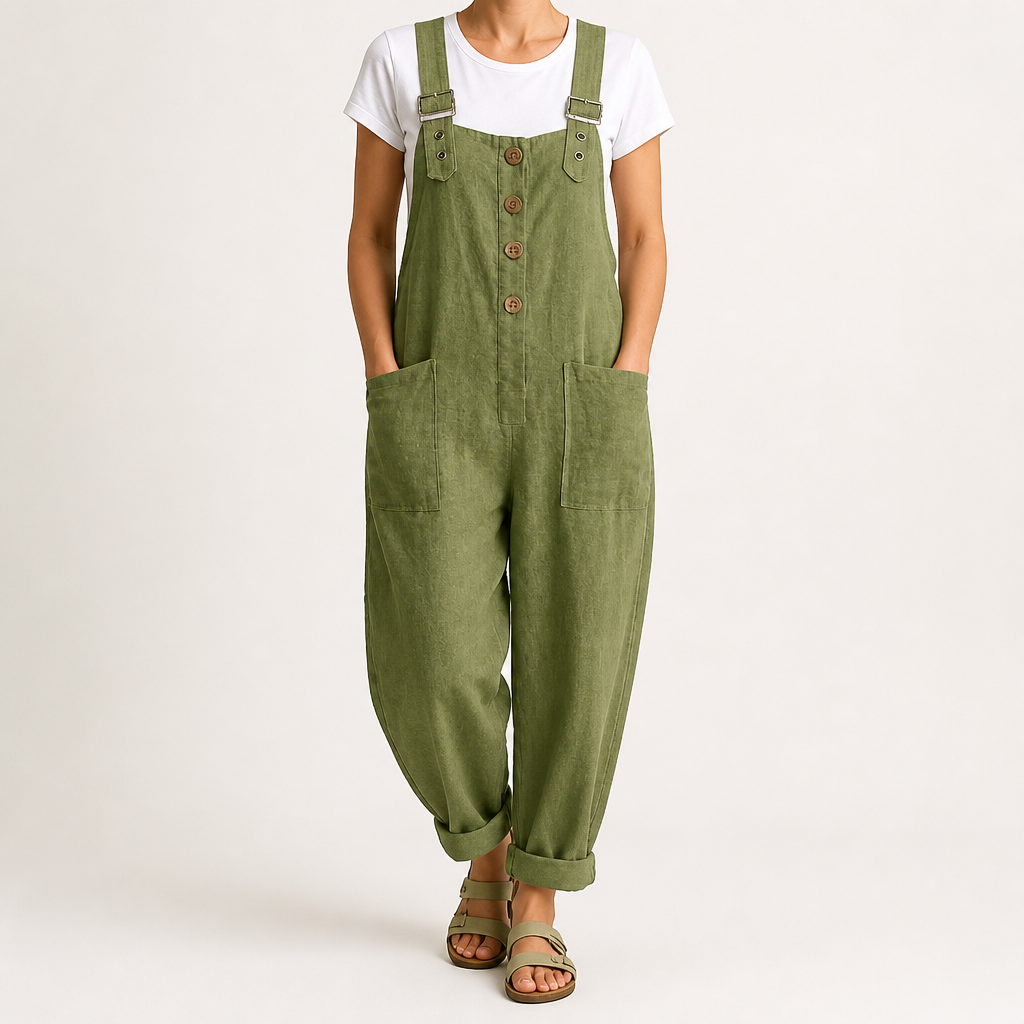 Marcy | Womens Cotton Linen High Waisted Adjustable Strap Overalls Jumpsuit, Army Green