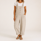 Marcy | Womens Cotton Linen High Waisted Adjustable Strap Overalls Jumpsuit, Apricot