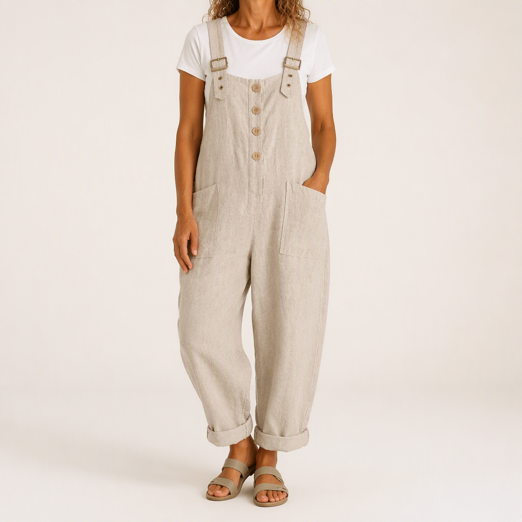 Marcy | Womens Cotton Linen High Waisted Adjustable Strap Overalls Jumpsuit, Apricot