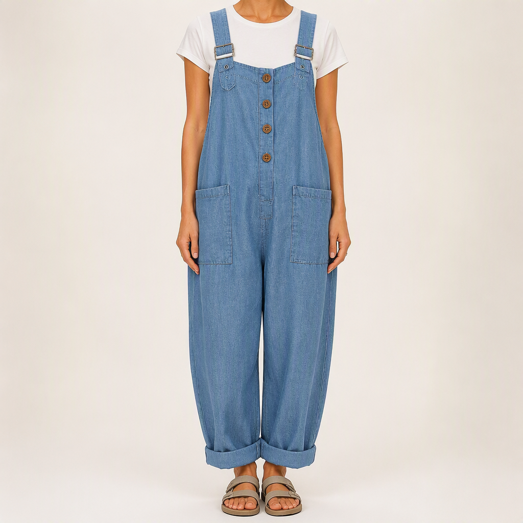 Marcy | Womens Cotton Linen High Waisted Adjustable Strap Overalls Jumpsuit, Sky Blue