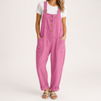 Marcy | Womens Cotton Linen High Waisted Adjustable Strap Overalls Jumpsuit, Pink