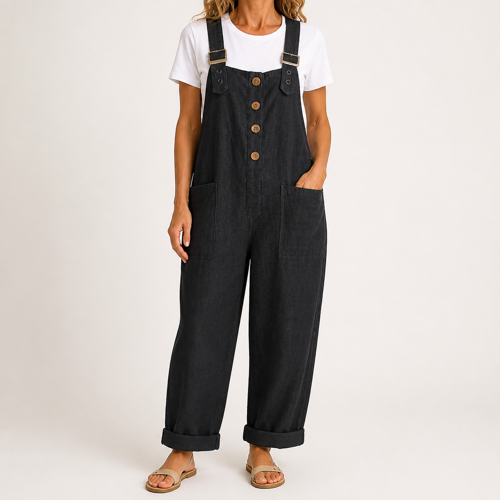 Marcy | Womens Cotton Linen High Waisted Adjustable Strap Overalls Jumpsuit, Black