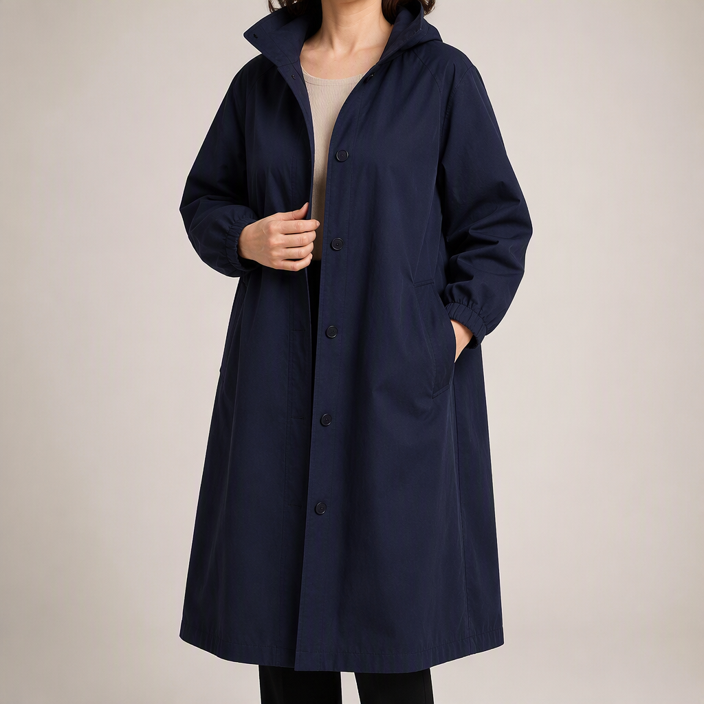 Margaux | Womens Trench Coat Wool Belted Double Breasted Long Winter Coat, Navy Blue