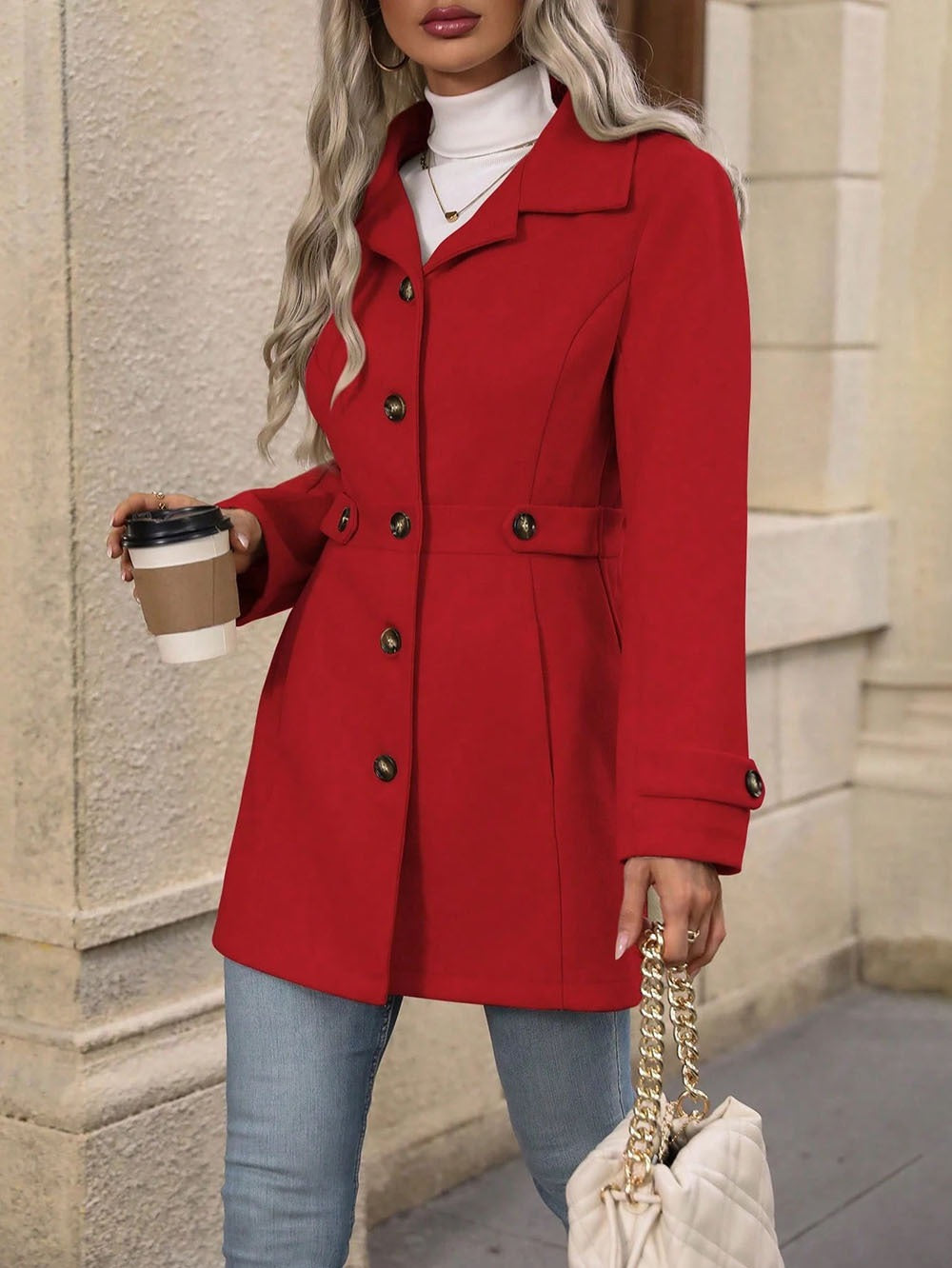 Mariana | Womens Slim Fit Single Breasted Lapel Mid Length Winter Coat, Red