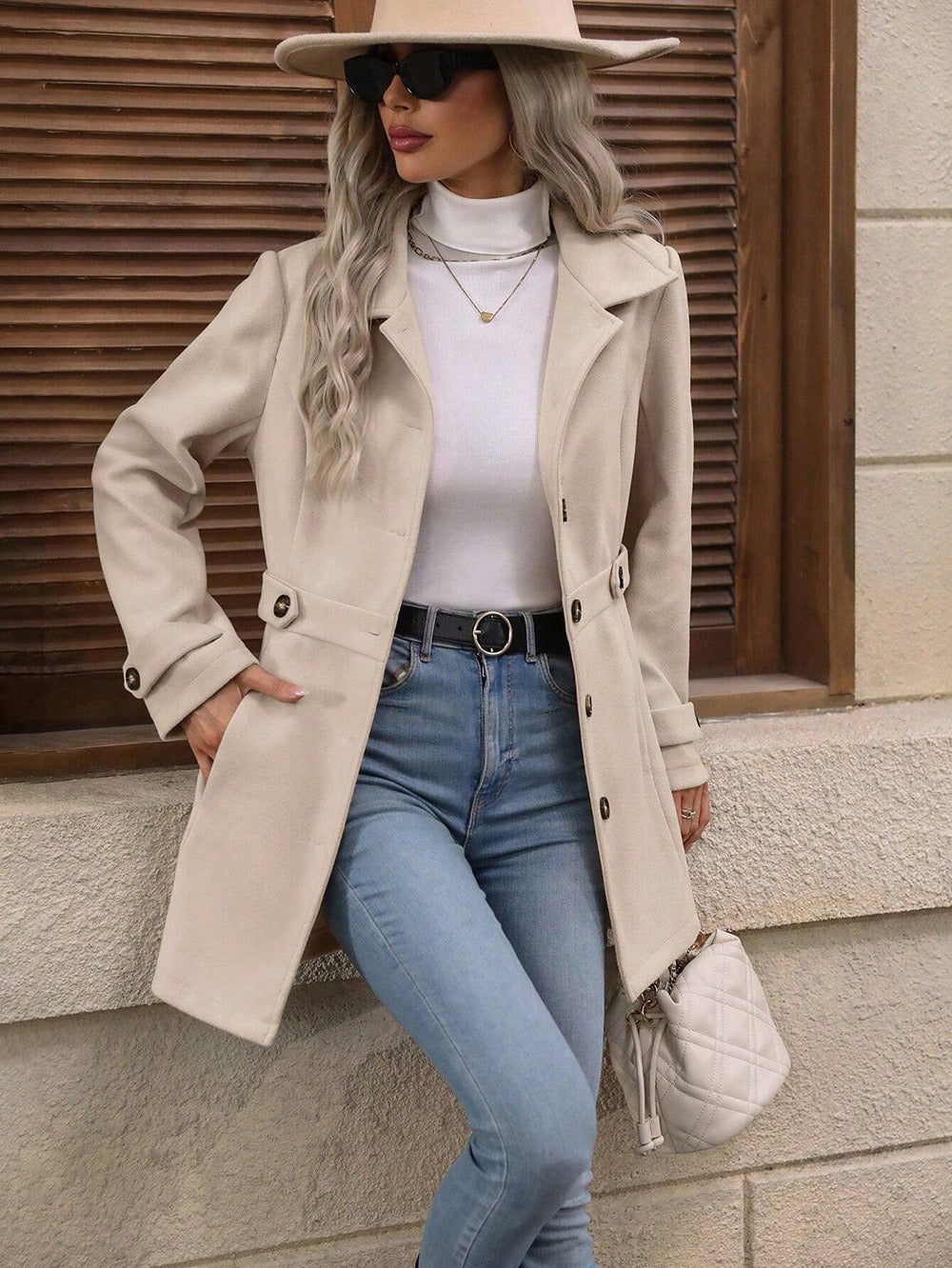 Mariana | Womens Slim Fit Single Breasted Lapel Mid Length Winter Coat, Apricot