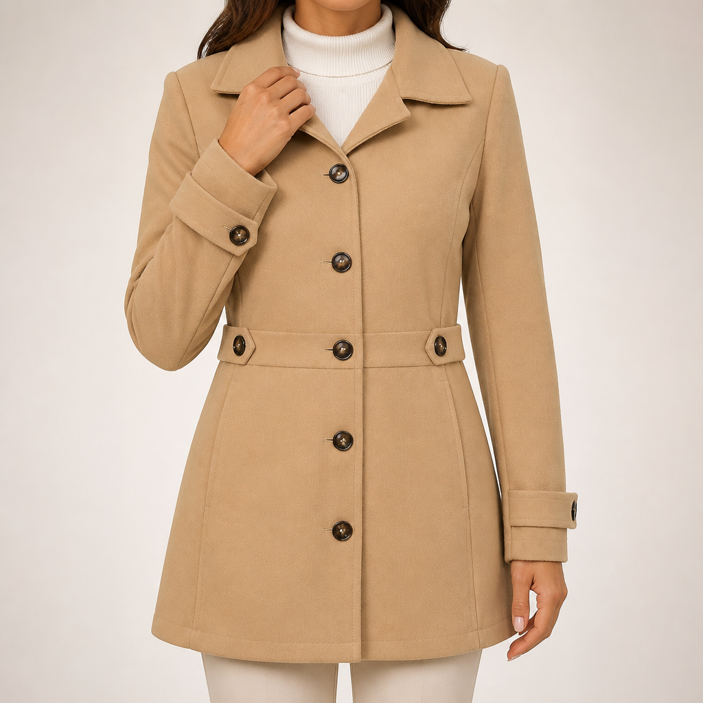 Mariana | Womens Slim Fit Single Breasted Lapel Mid Length Winter Coat, Khaki
