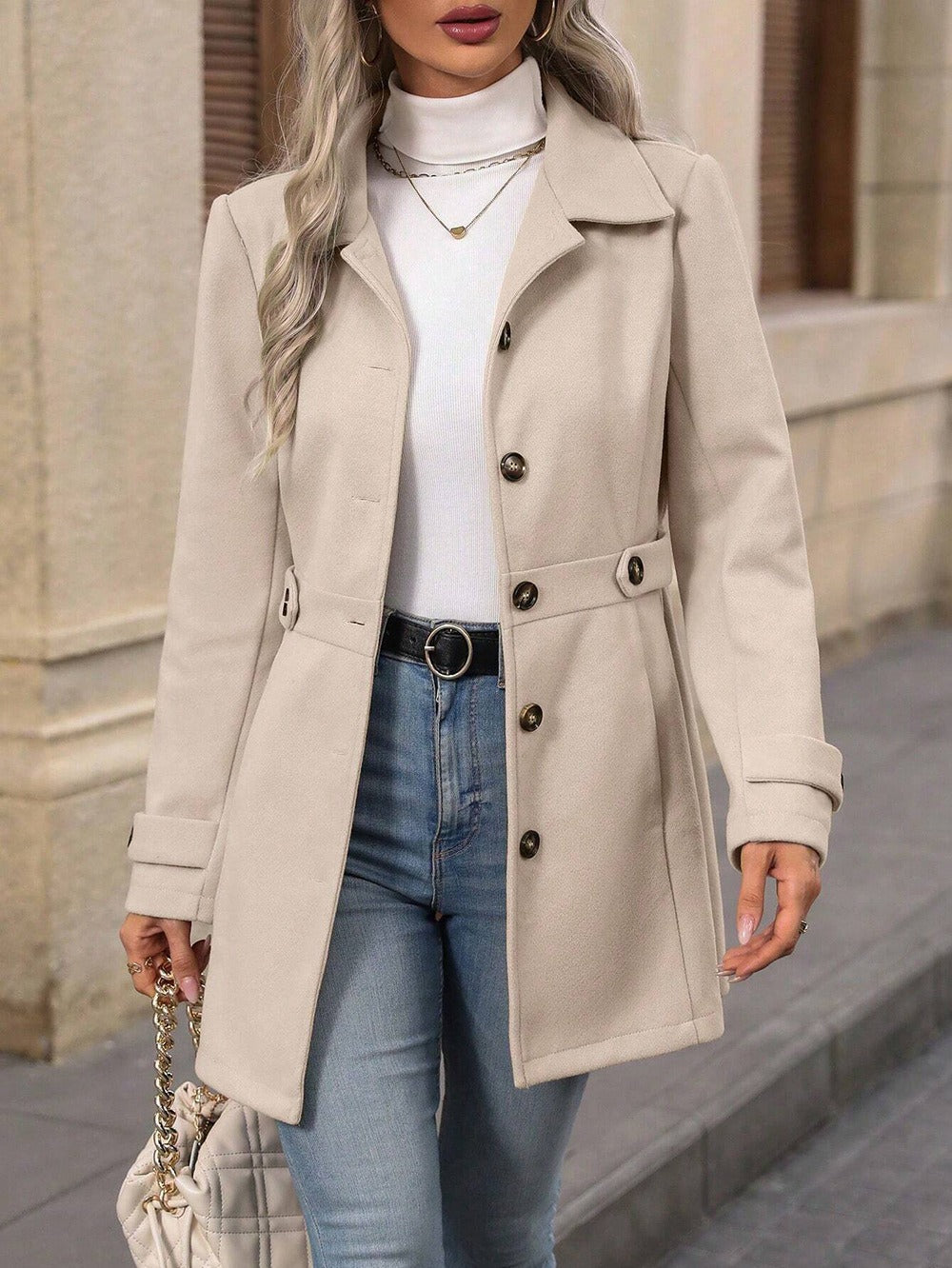 Mariana | Womens Slim Fit Single Breasted Lapel Mid Length Winter Coat, Apricot
