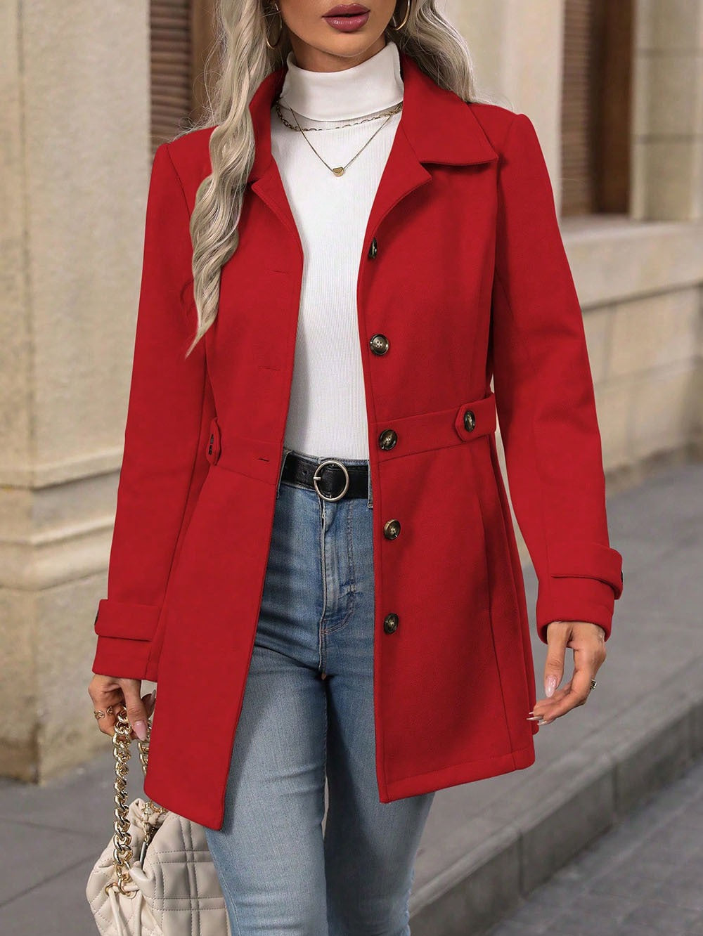 Mariana | Womens Slim Fit Single Breasted Lapel Mid Length Winter Coat, Red