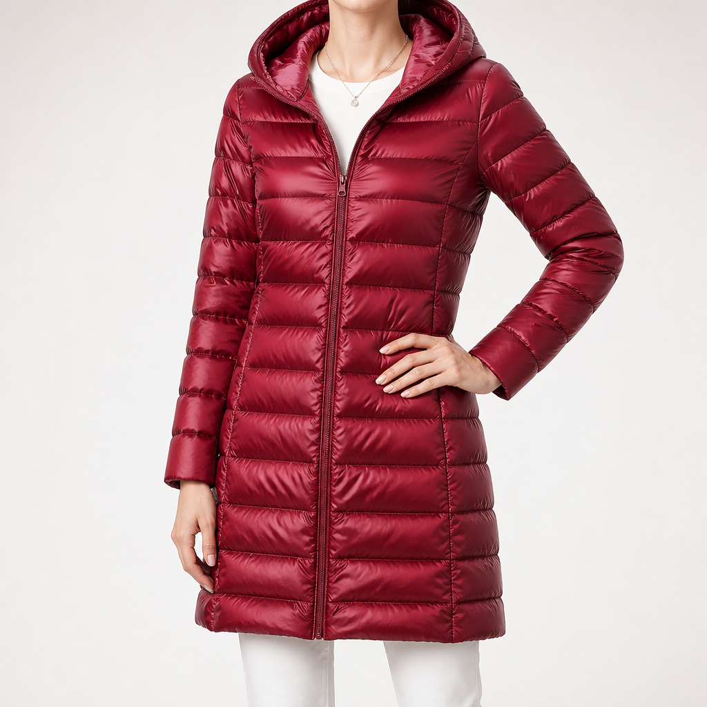 Marianne | Womens Long Puffer Coat Hooded Longline Lightweight Jacket, Burgundy