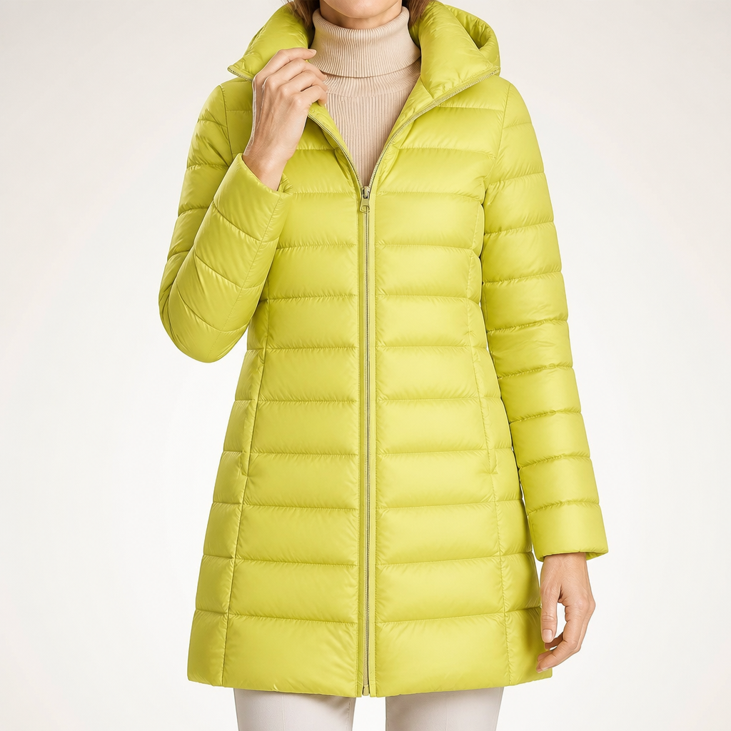 Marianne | Womens Long Puffer Coat Hooded Longline Lightweight Jacket, Fruit Green