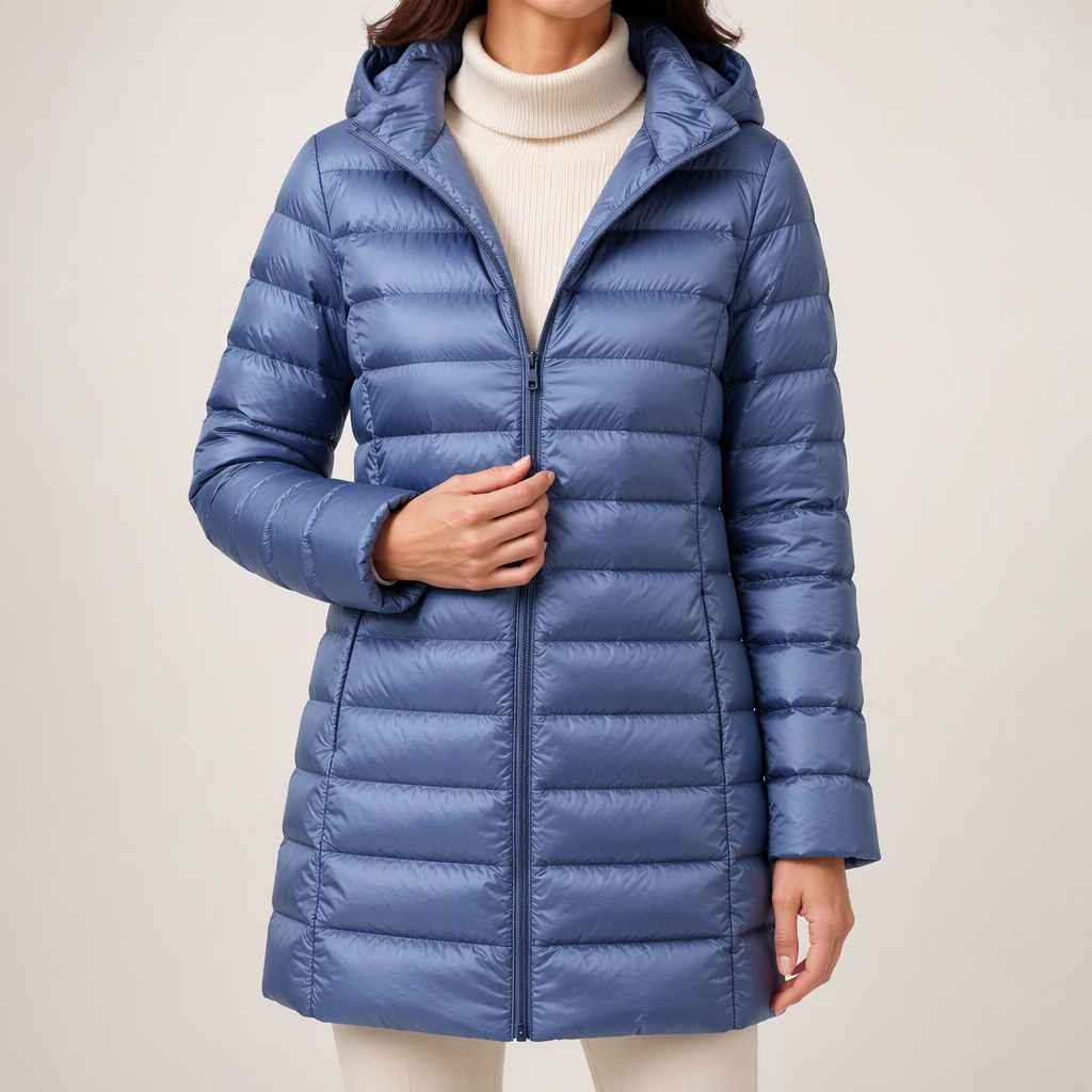 Marianne | Womens Long Puffer Coat Hooded Longline Lightweight Jacket, Blue
