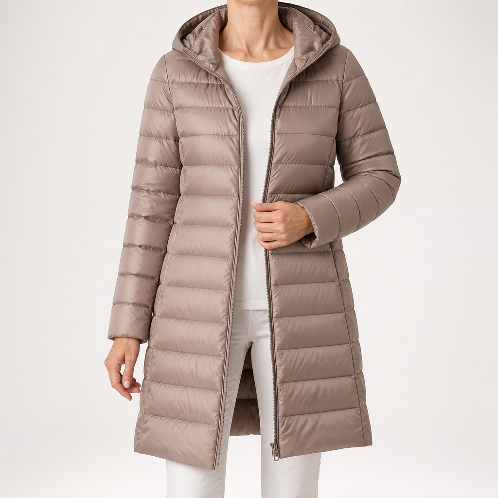 Marianne | Womens Long Puffer Coat Hooded Longline Lightweight Jacket, Khaki