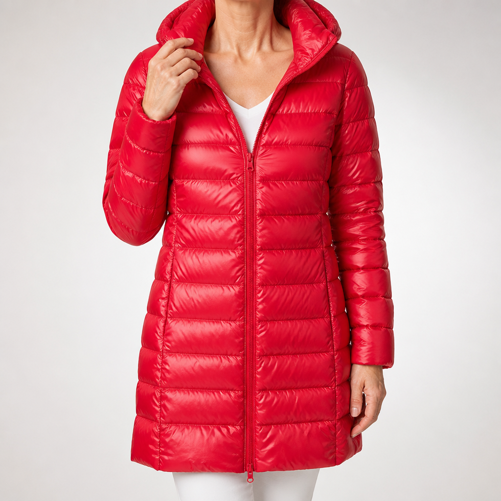 Marianne | Womens Long Puffer Coat Hooded Longline Lightweight Jacket, Red