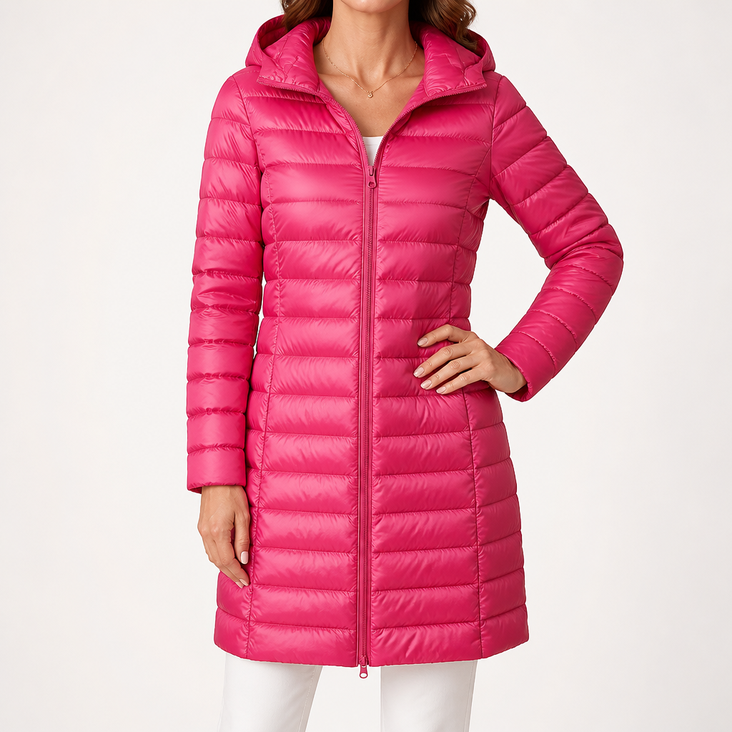 Marianne | Womens Long Puffer Coat Hooded Longline Lightweight Jacket, Rose