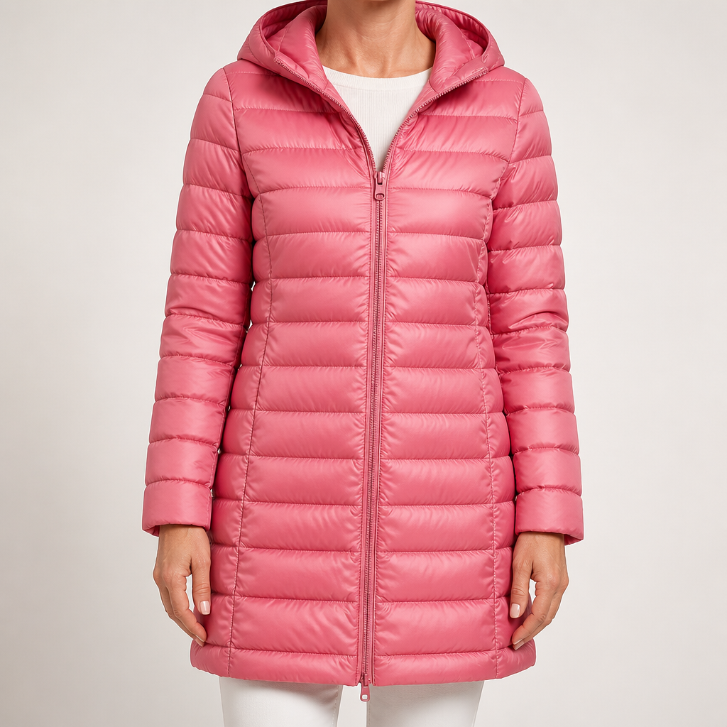 Marianne | Womens Long Puffer Coat Hooded Longline Lightweight Jacket, Pink