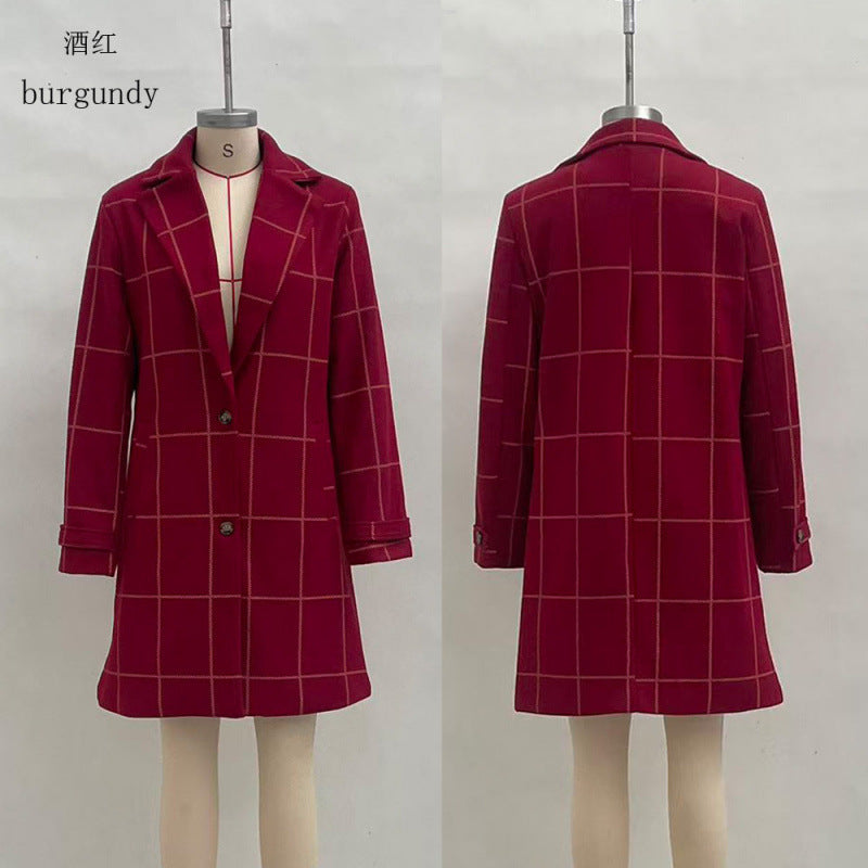 Maribel | Womens Plaid Mid Length Coat - Wine Red