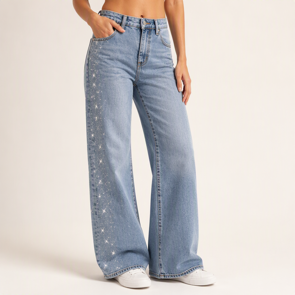 Marilyn | Womens High Waisted Straight Wide Leg Stretch Denim Jeans, Design 1