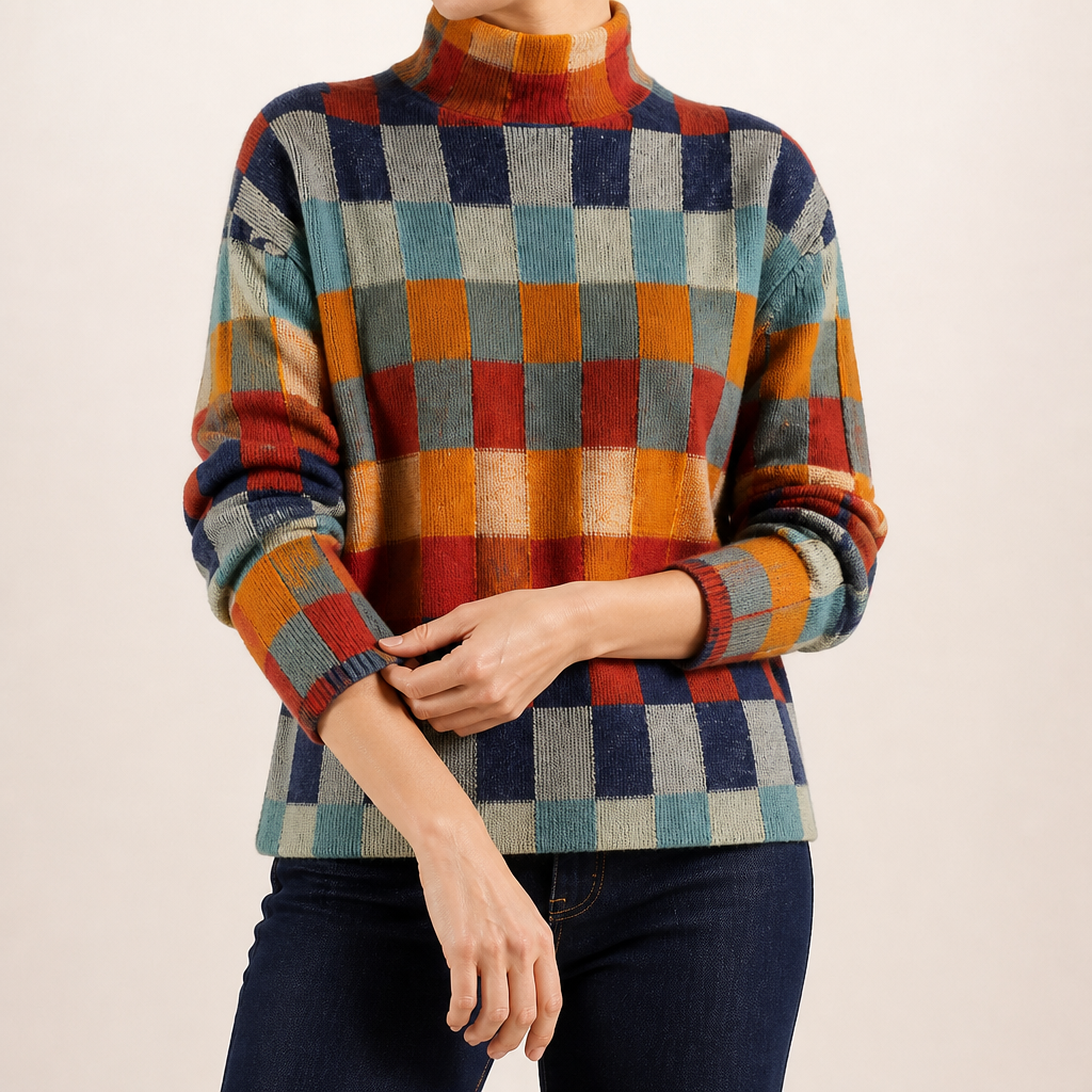 Marion | Womens Knit Sweater Checkerboard Long Sleeve Pullover, Multi
