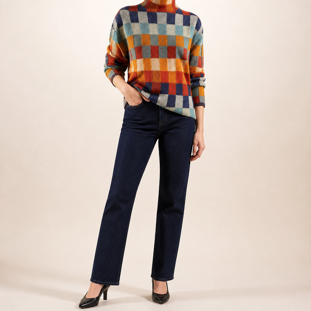 Marion | Womens Knit Sweater Checkerboard Long Sleeve Pullover, Multi