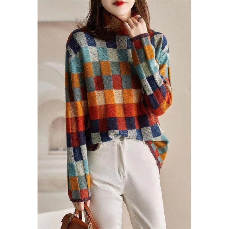 Marion | Womens Knit Sweater Checkerboard Long Sleeve Pullover