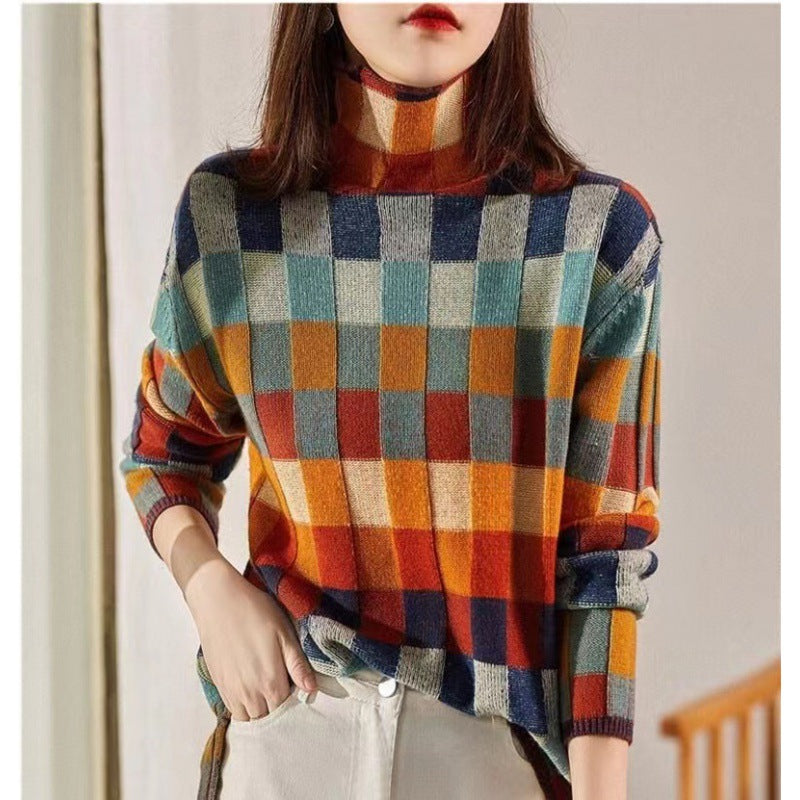 Marion | Womens Knit Sweater Checkerboard Long Sleeve Pullover
