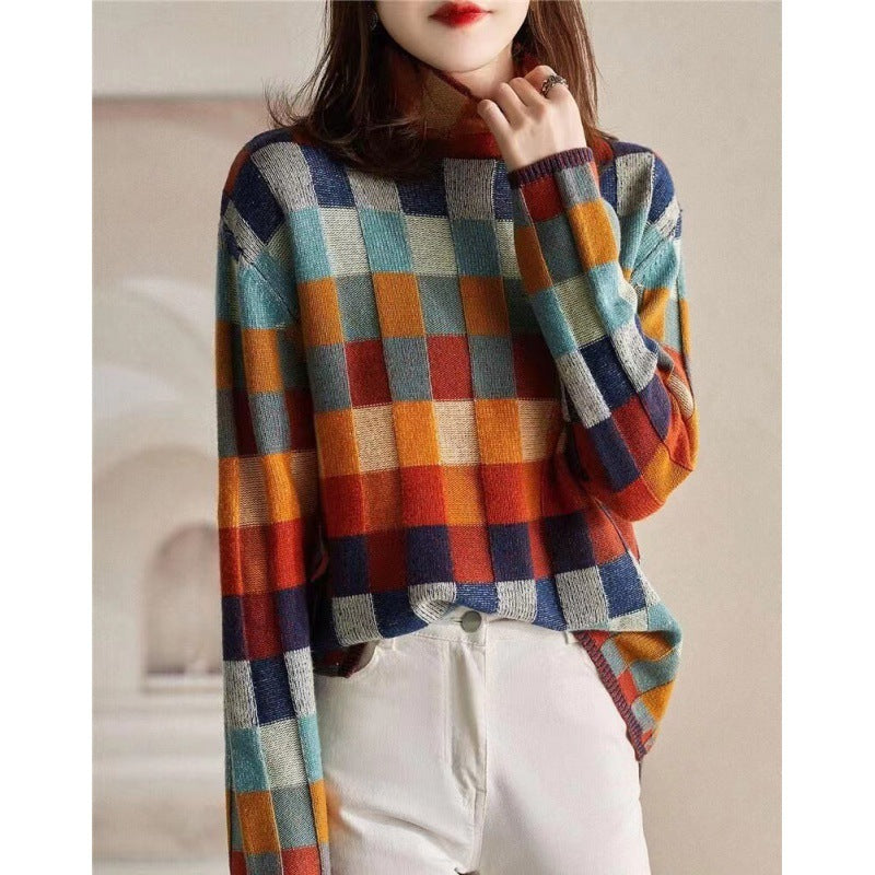 Marion | Womens Knit Sweater Checkerboard Long Sleeve Pullover