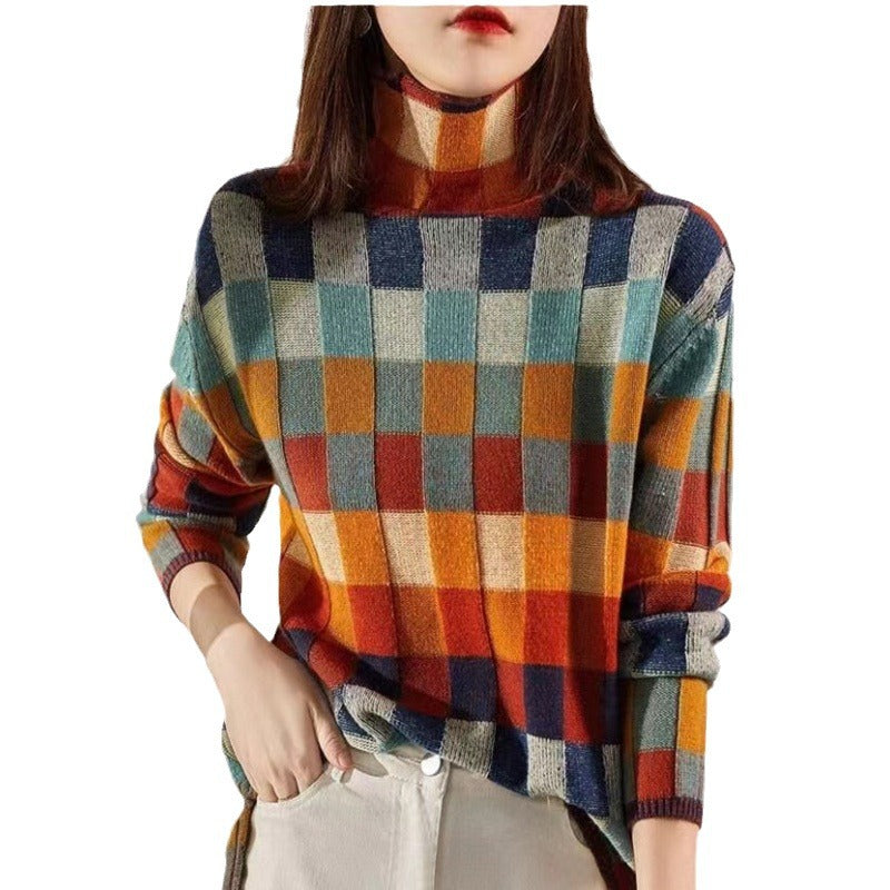 Marion | Womens Knit Sweater Checkerboard Long Sleeve Pullover