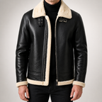 Marius | Mens Leather Shearling Biker Aviator Flight Lined Jacket, Black