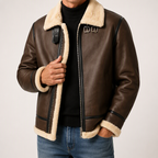 Marius | Mens Leather Shearling Biker Aviator Flight Lined Jacket, Brown
